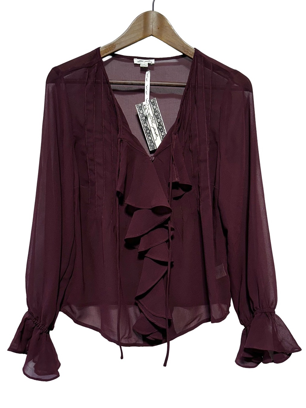 Ultra Pink Sheer Ruffle Tie Neck Pintuck Bell Sleeve Blouse Wine Boho Romantic